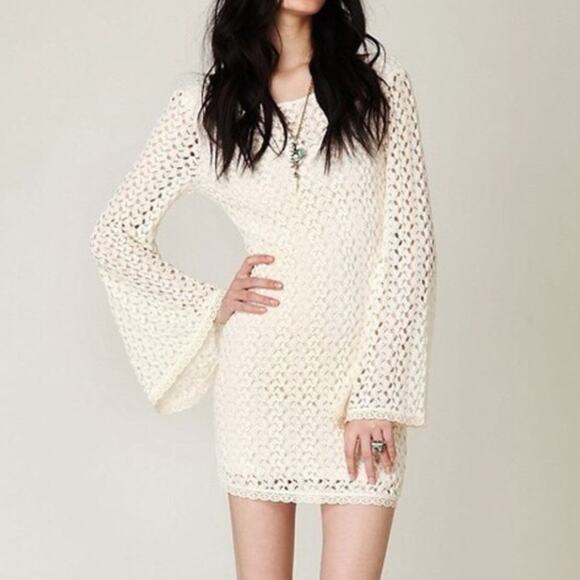 Free People Crochet Bell Sleeve Mini Dress in Cream - Picture 9 of 11